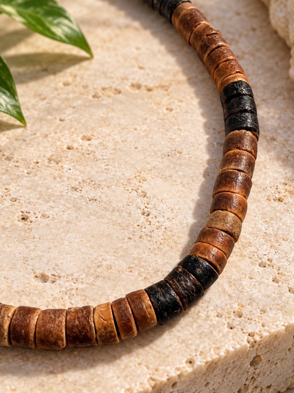 Vintage Coconut Shell Wooden Bead Choker Necklace Natural Brown Black Surfer Sty